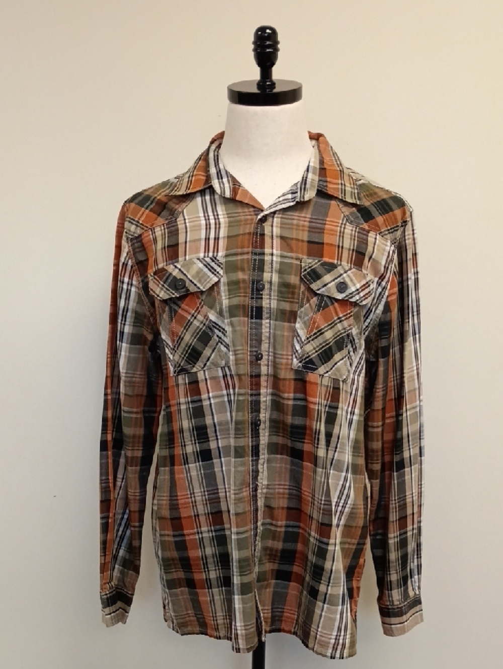 Vibes Gold Multicolor Plaid Button Up Shirt Dual Pocket Size XL